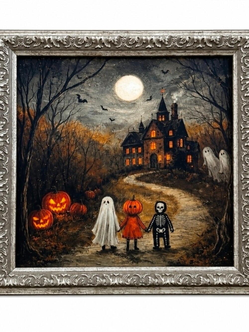 Framed Haunted House Ghost Trick-or-Treat Halloween Wall Art Painting Viral New